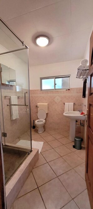 Bathtub, hair dryer, towels, soap