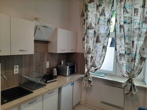 Fridge, microwave, oven, electric kettle