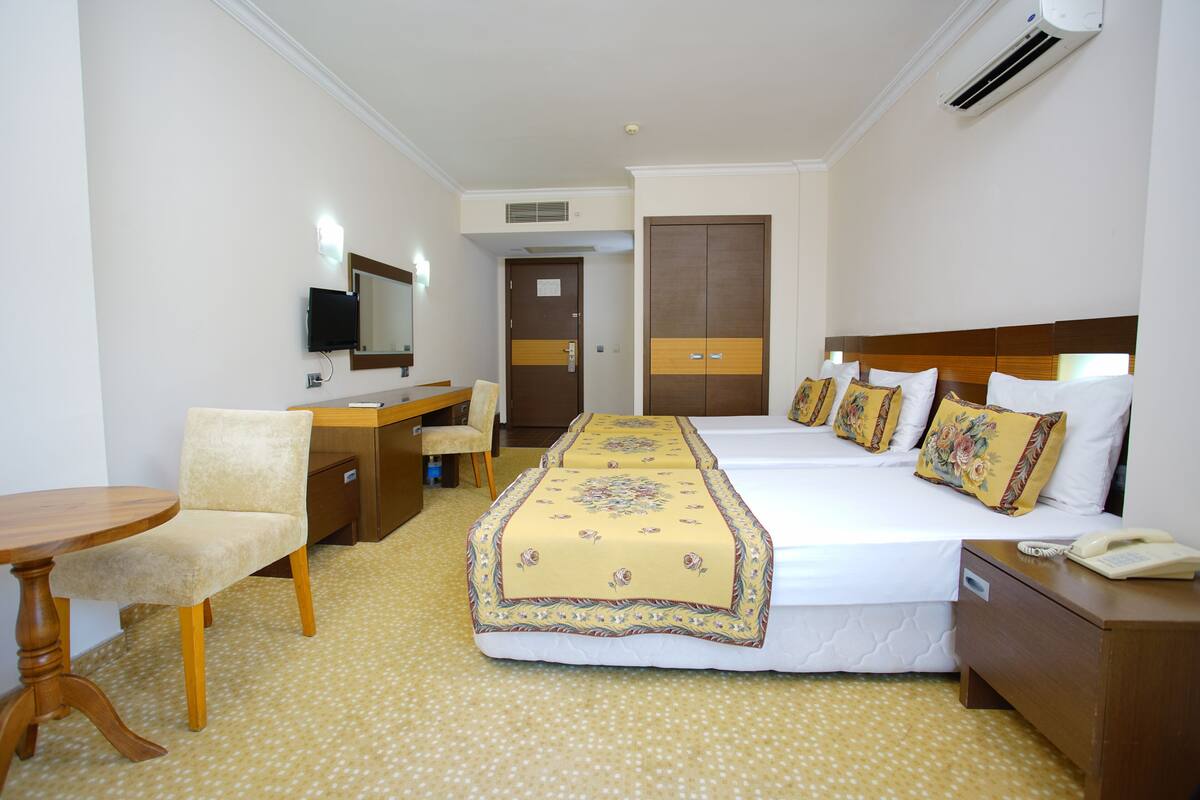 A hotel room with a bed, bedside table, chair, desk, and a television.
