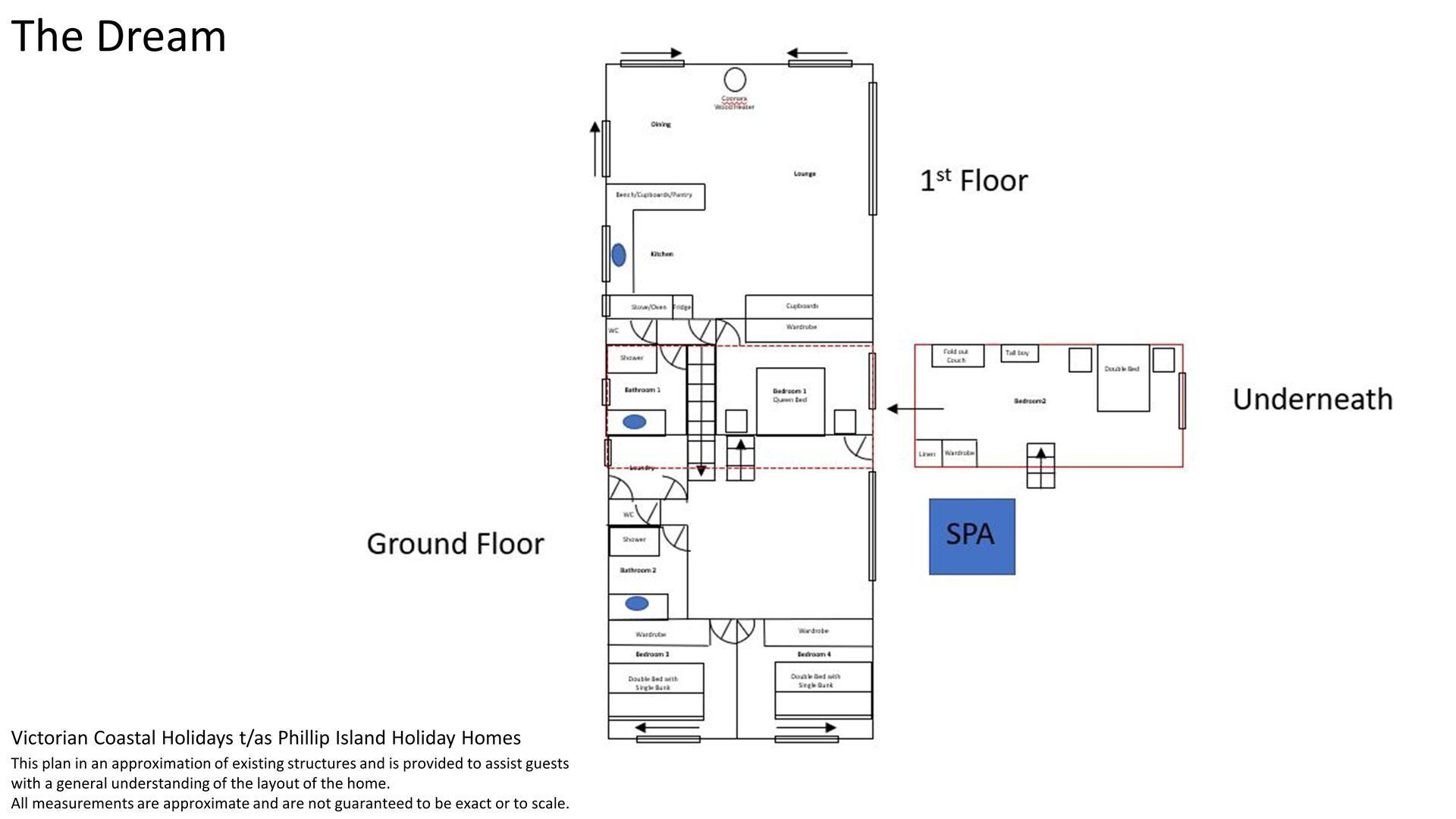 Grundriss eines Ferienhauses mit Erdgeschoss, Obergeschoss und einem Spa-Bereich unter der Erde.