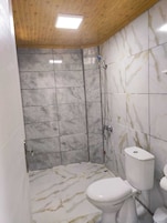 Ducha, cabezal de ducha tipo lluvia, secador de pelo, toallas