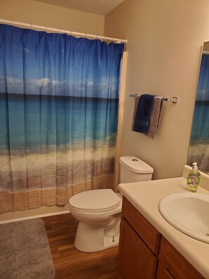 Combined shower/tub, hair dryer, towels, soap