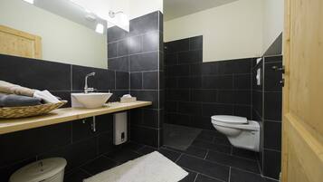 Een douche, een haardroger, handdoeken, toiletpapier