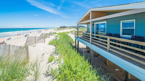 A beachfront property with a wooden deck and a view of the beach. - Primrose Cottage - S Nags Head MP 19, Oceanfront, Steps to the Water, Well Equipped, Pets OK (Nags Head)