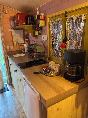 Réfrigérateur, micro-ondes, plaque de cuisson, cafetière/bouilloire