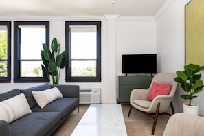 Sunny living room with modern seating