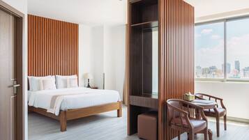 Premium bedding, desk, soundproofing, iron/ironing board