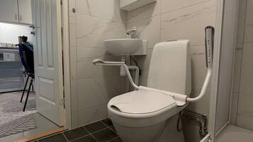 Duschwanne, Haartrockner, Handtücher, Seife