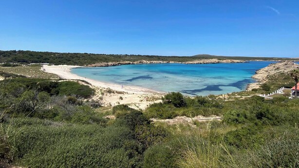 Un paysage côtier avec une plage de sable, des eaux bleues et limpides, et une végétation verdoyante.
