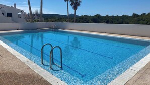 Une piscine d’un bleu éclatant, dotée de deux échelles, entourée d’un mur blanc et de palmiers, et offrant une vue sur des collines verdoyantes en arrière-plan.