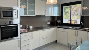 Ett modernt kök med rostfria vitvaror, ett fönster med fin utsikt och en hänglampa.