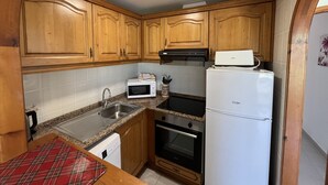 A compact kitchen with wooden cabinets, a microwave, a stove, and a refrigerator.