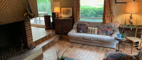Fireplace, table football, ping pong, books