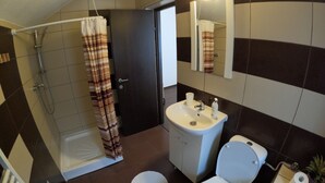 A bathroom with a shower, toilet, sink, and a mirror.