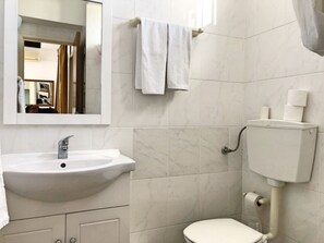 Een bad/douchecombinatie, een bidet, handdoeken, toiletpapier