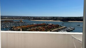 Un pueblo costero con un puerto deportivo, playa y edificios residenciales.