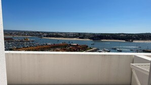 Un balcón con vista a un puerto deportivo, una playa y edificios.