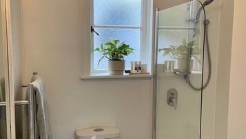 Une petite salle de bain comprenant des toilettes, un lavabo et une douche fermée par une paroi de verre.