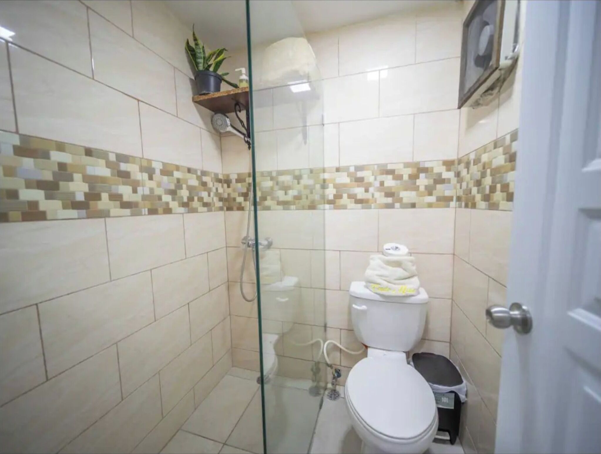 Shower, towels, soap, toilet paper