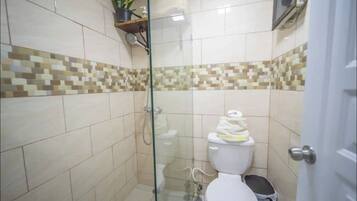 Une petite salle de bain carrelée, équipée d’une douche, de toilettes et d’une étagère où sont posés une plante et des articles de toilette.
