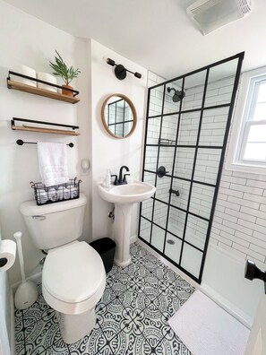 Shower, hair dryer, towels, soap
