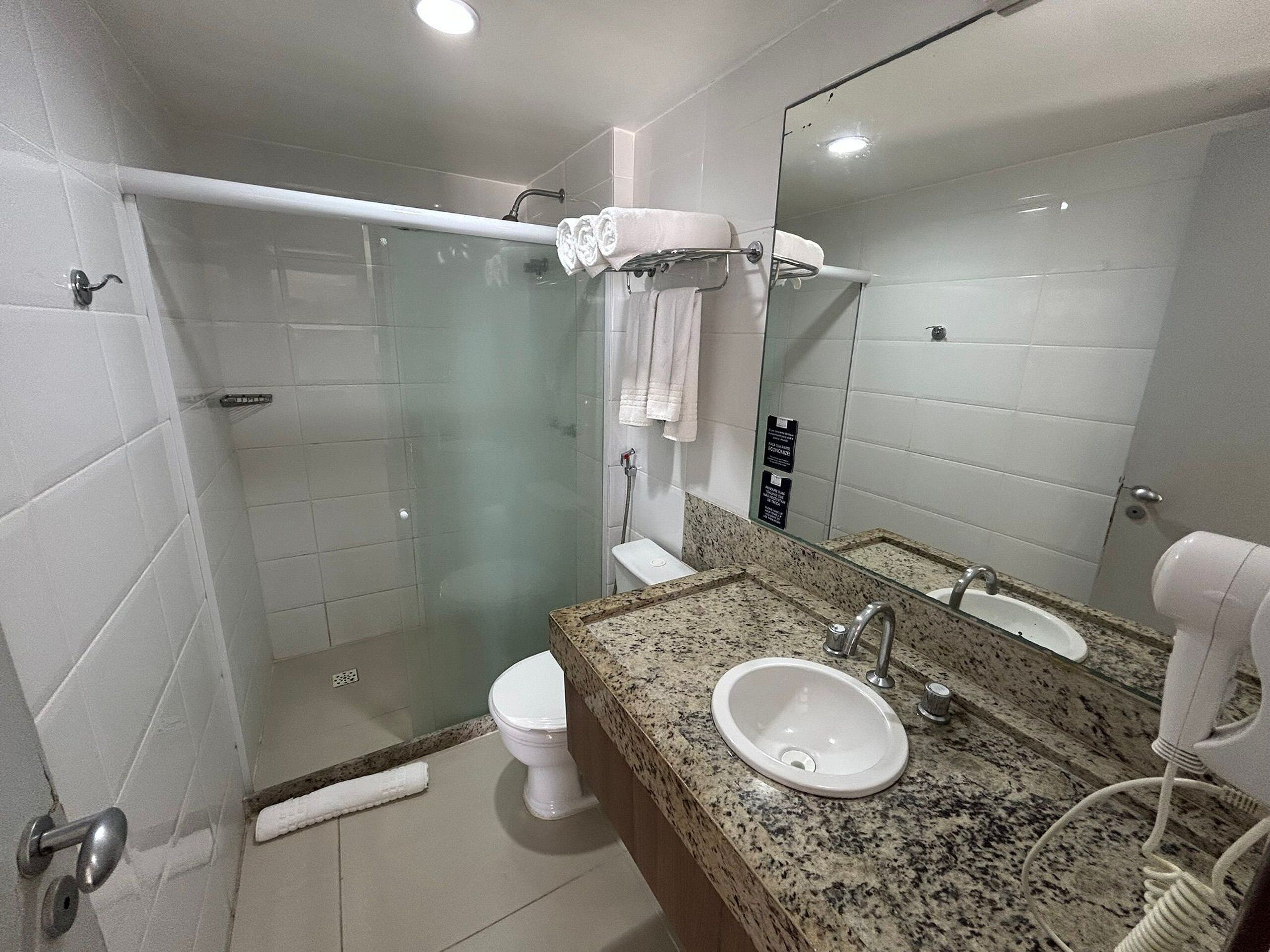 A bathroom with a glass shower enclosure, a white toilet, a granite countertop sink, and a large mirror.