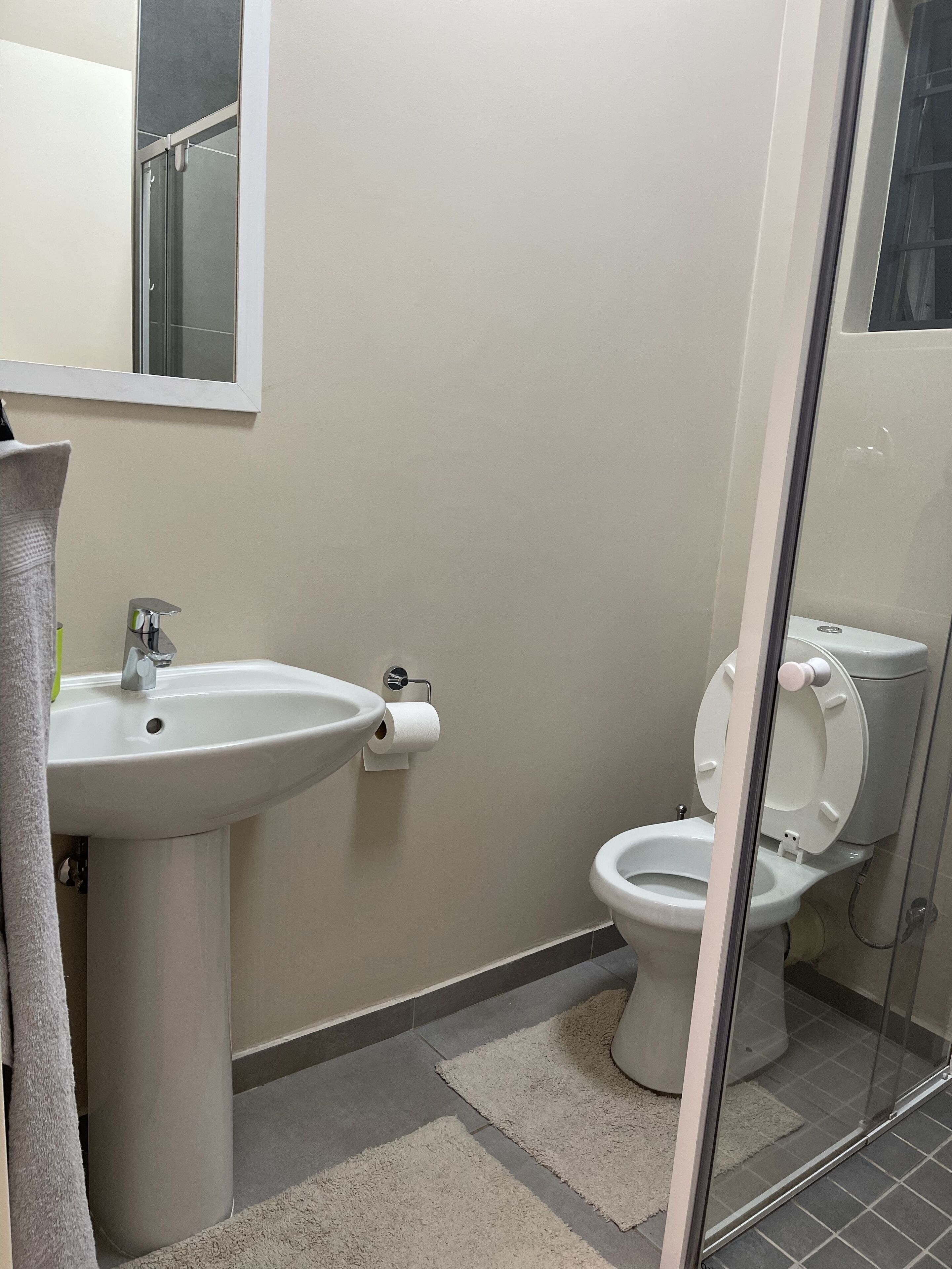 Bathtub, towels, soap, toilet paper