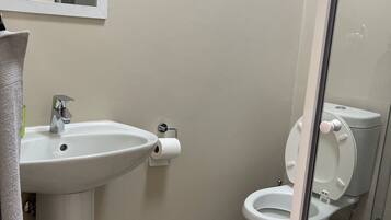 Bathtub, towels, soap, toilet paper