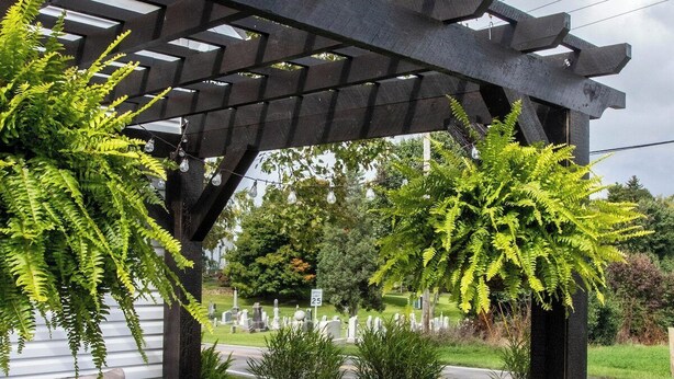Een overdekt terras met rieten meubilair en een pergola, omgeven door groen en een begraafplaats op de achtergrond.