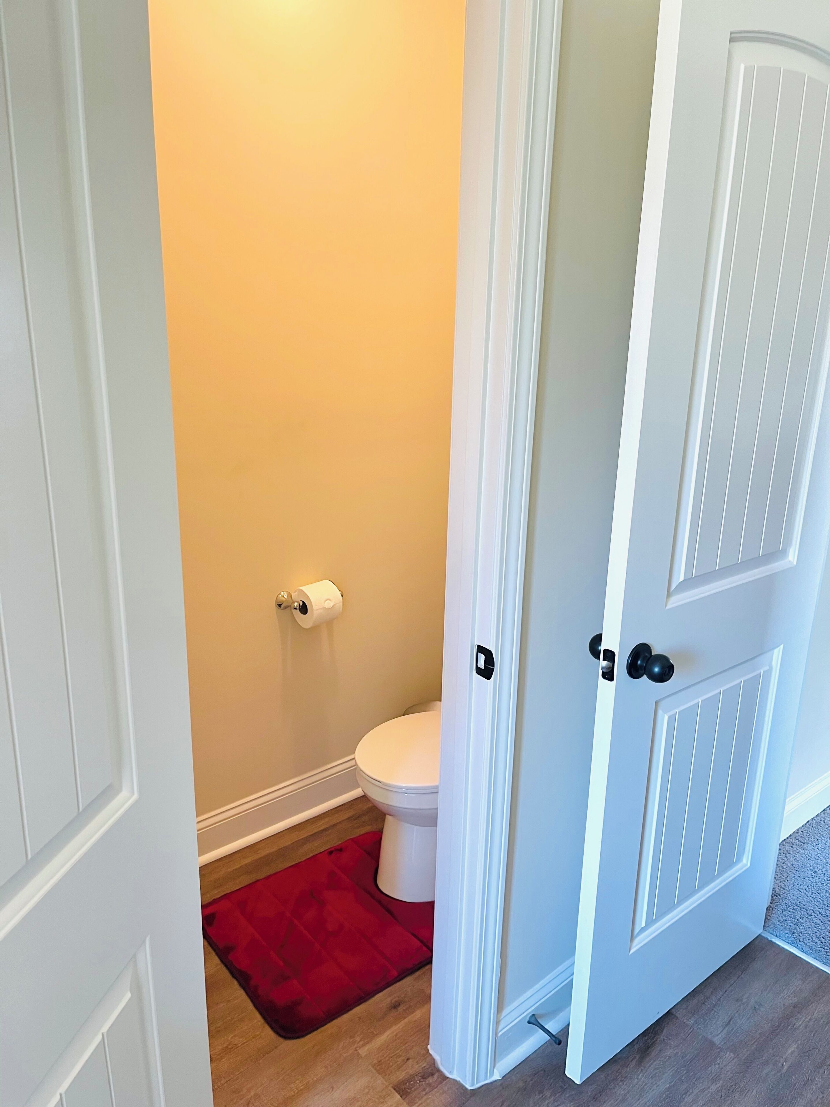 A bathroom with a toilet, a red rug, and a white door.