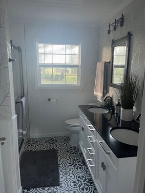 A bathroom with a window, a toilet, a sink, and a mirror. - Georgia Lake House Retreat (Donalsonville)
