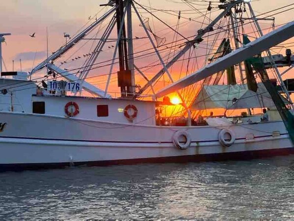 Un barco pesquero grande amarrado en un puerto, con el sol poniéndose al fondo.
