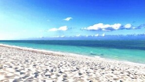 Ein Strand mit klarem, blauem Wasser und einem sandigen Ufer.