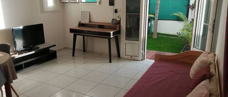 A room with a bed, a TV, a desk, and a sliding glass door to a garden.