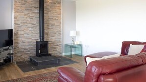 A modern living room with a stone wall, a black fireplace, a leather sofa, and a glass coffee table.