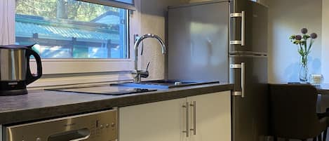 A modern kitchen with a dishwasher, stainless steel appliances, and a window with a view of a traditional building.