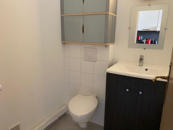 A small bathroom with a toilet, a sink, and a mirror above the sink.
