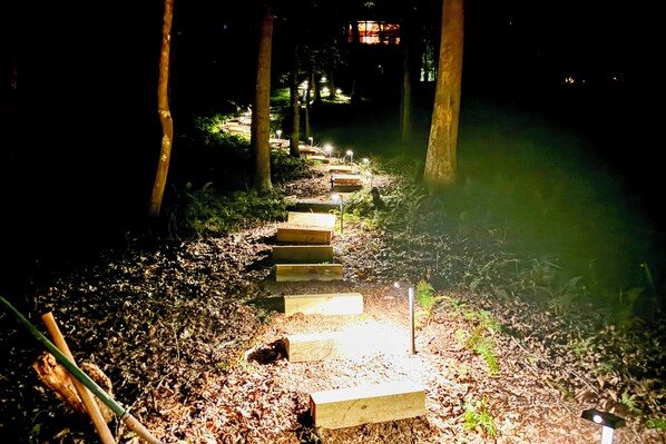 Un sentier avec des marches qui traverse une zone boisée, éclairé par des lampes.