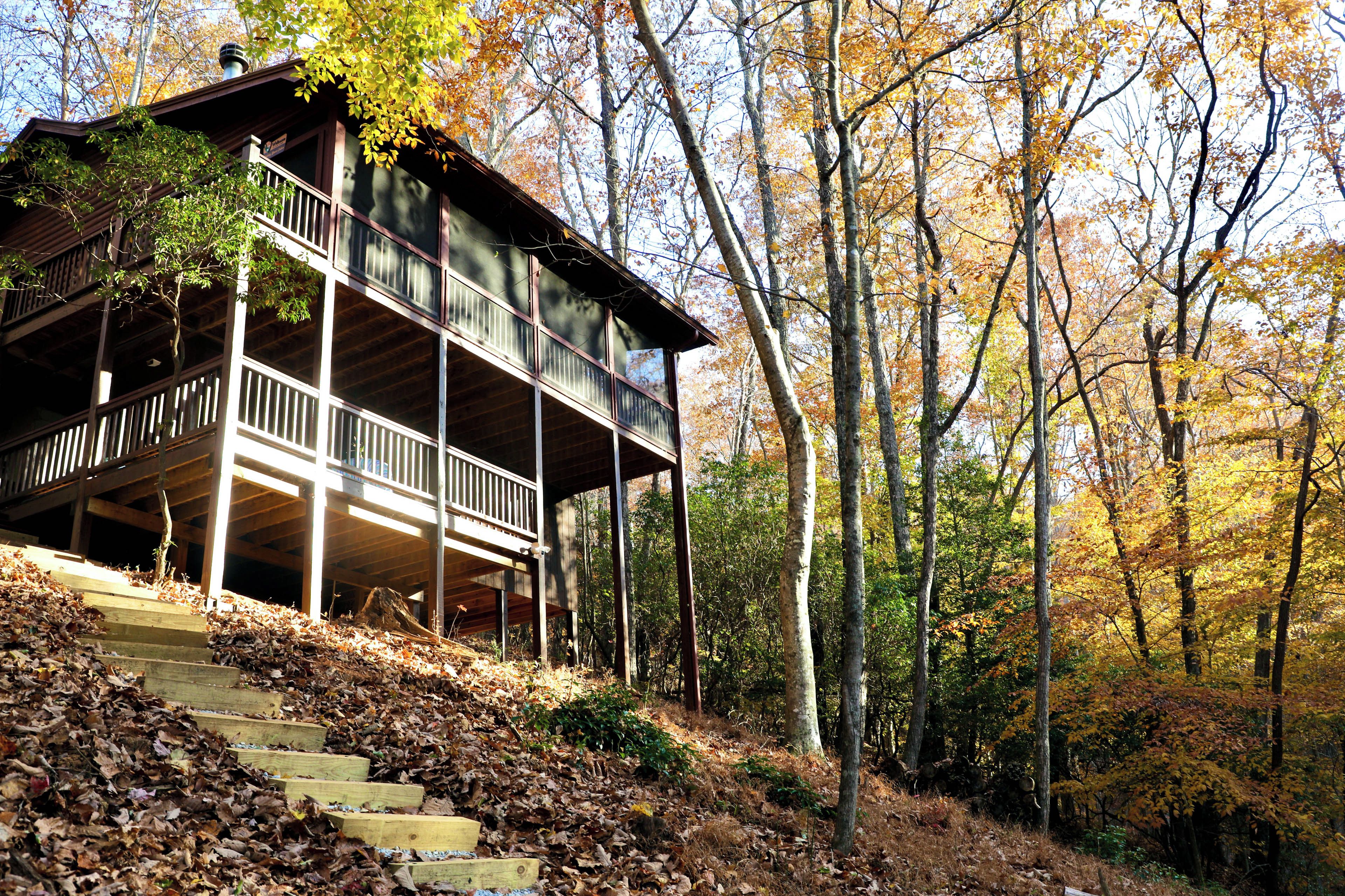 A wooden cabin with a balcony, surrounded by trees and a pile of fallen leaves.