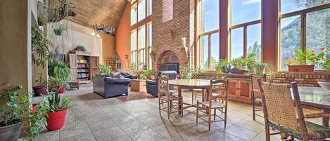 TV, fireplace, books
