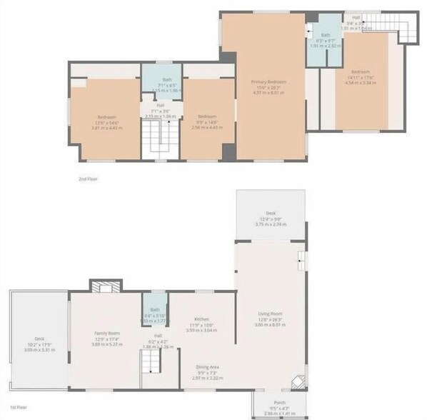 A 2nd floor layout with a primary bedroom, two bedrooms, a bathroom, a family room, a kitchen, a living room, a dining area, and a deck.