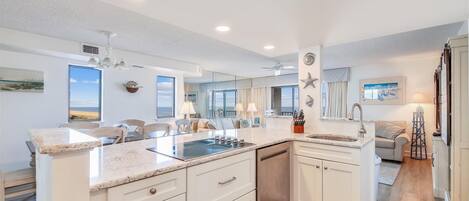 Microwave, dishwasher, coffee/tea maker, toaster