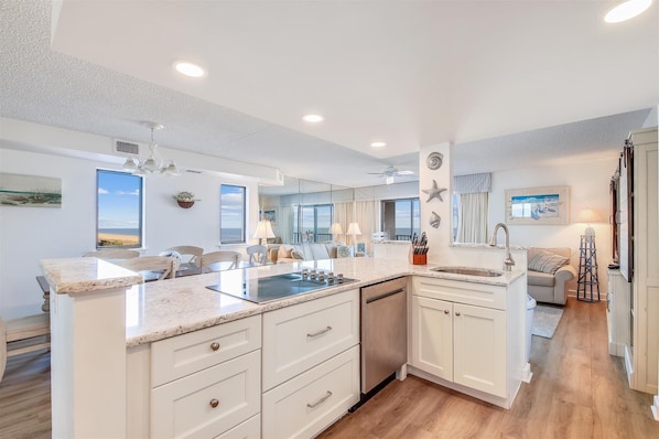 Microwave, dishwasher, coffee/tea maker, toaster