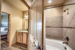 Combined shower/bathtub, hair dryer