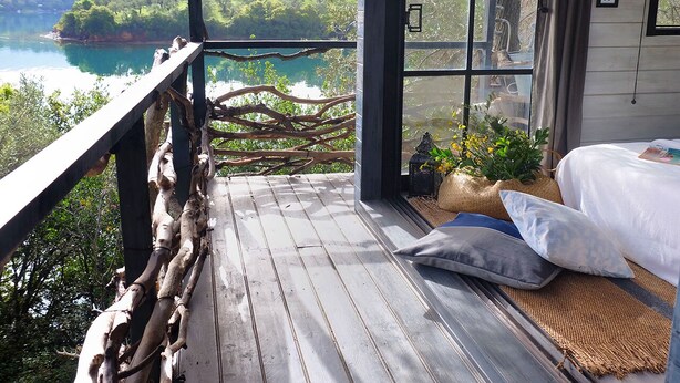 Une terrasse en bois offrant une vue sur un lac et une forêt, un lit avec des oreillers et une petite plante.