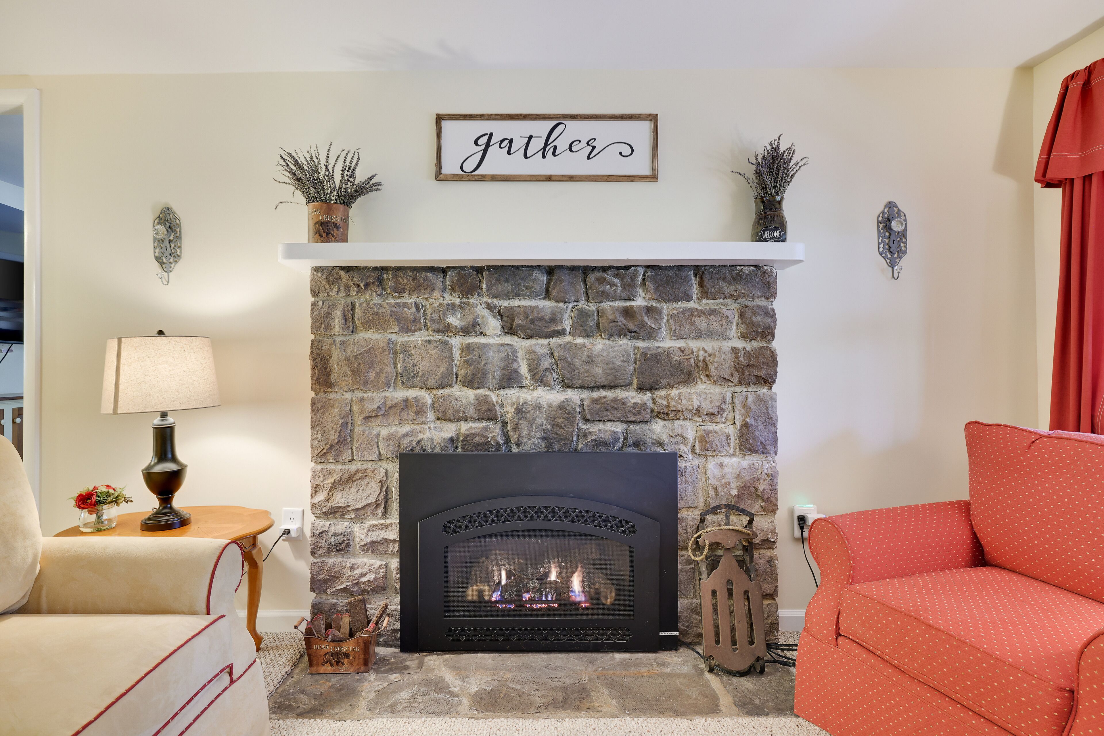 Smart TV, fireplace, video games, books