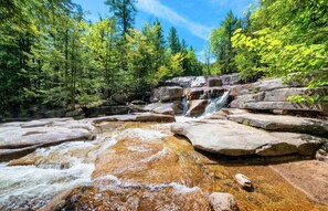 A natural waterfall surrounded by dense forest.