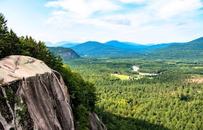 A mountainous landscape with dense forests and a clear view of distant hills.