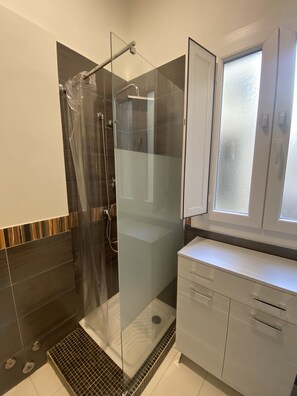 Shower, hair dryer, towels, soap