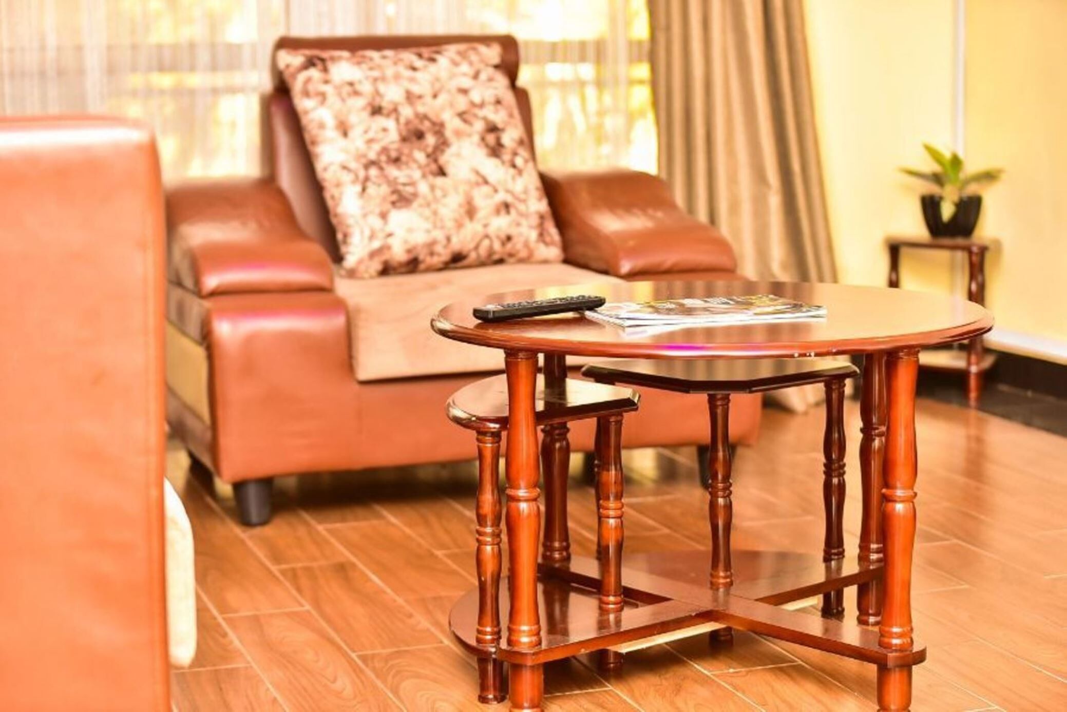 A brown leather sofa with a patterned pillow, a round wooden table with a remote control and magazines on it, and a small potted plant on a side table.